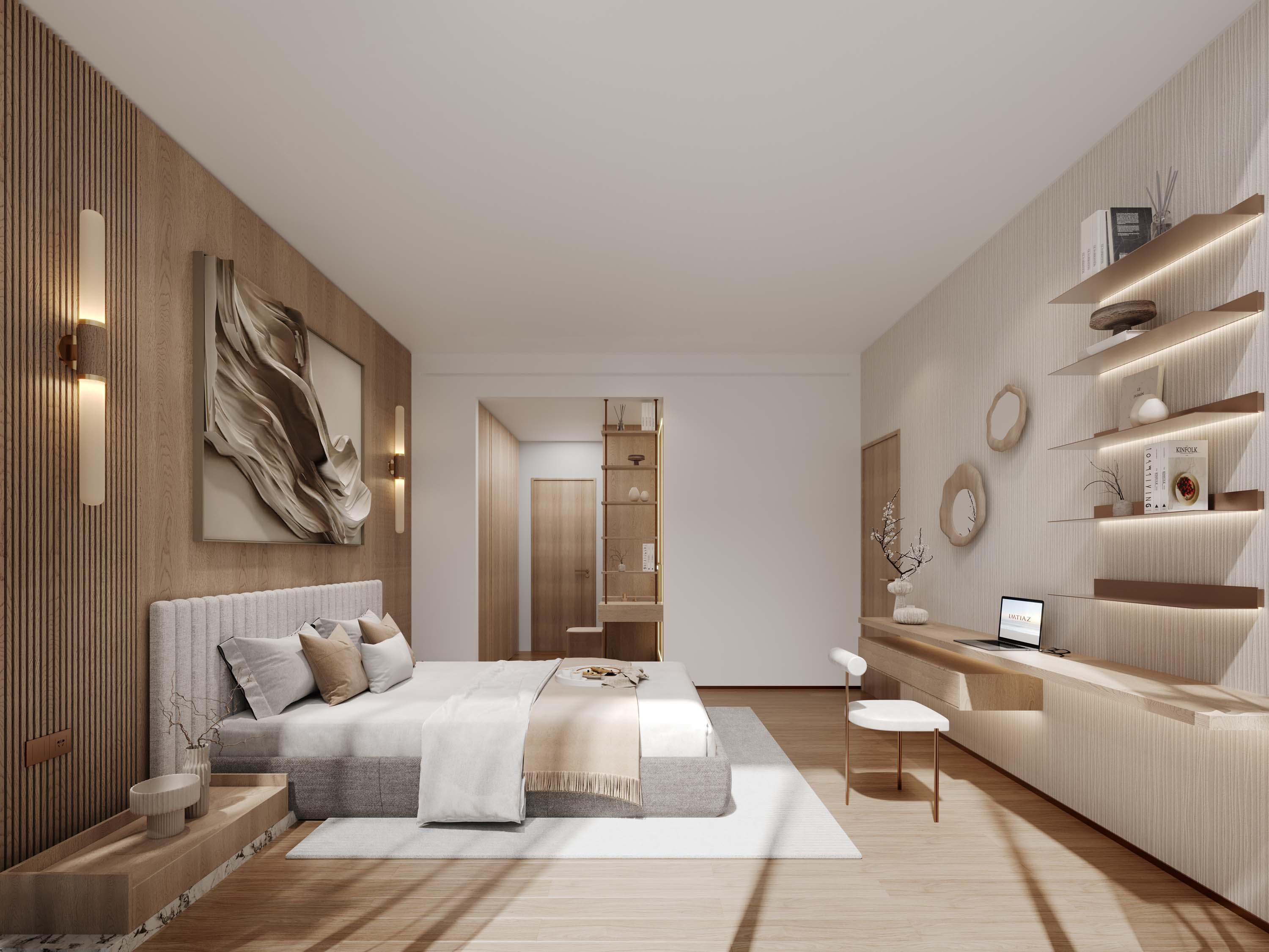 Wynwood Horizon By Imtiaz A modern bedroom featuring a beige bed, elegant decor, light wood accents, and a study area with a laptop.